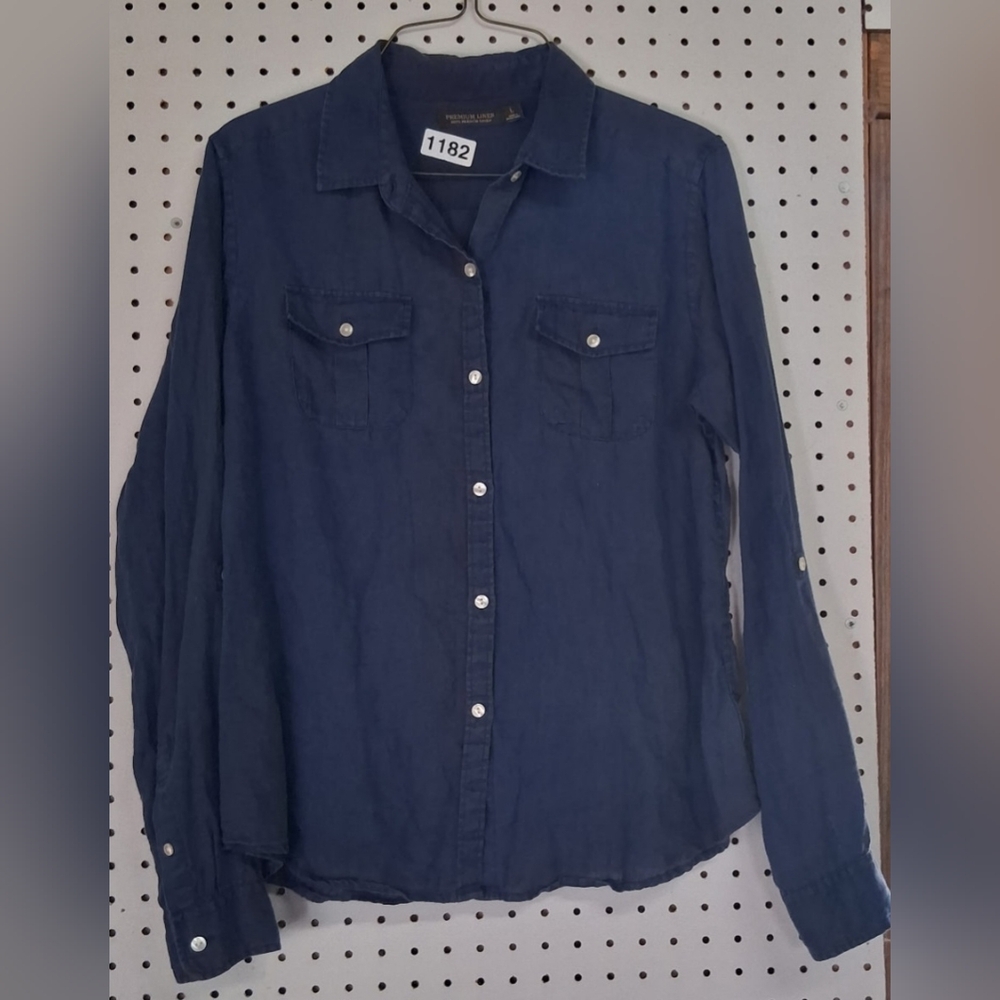 Premium Linen Womens Large Button-up Shirt 100% French Linen Roll up Sleeves...